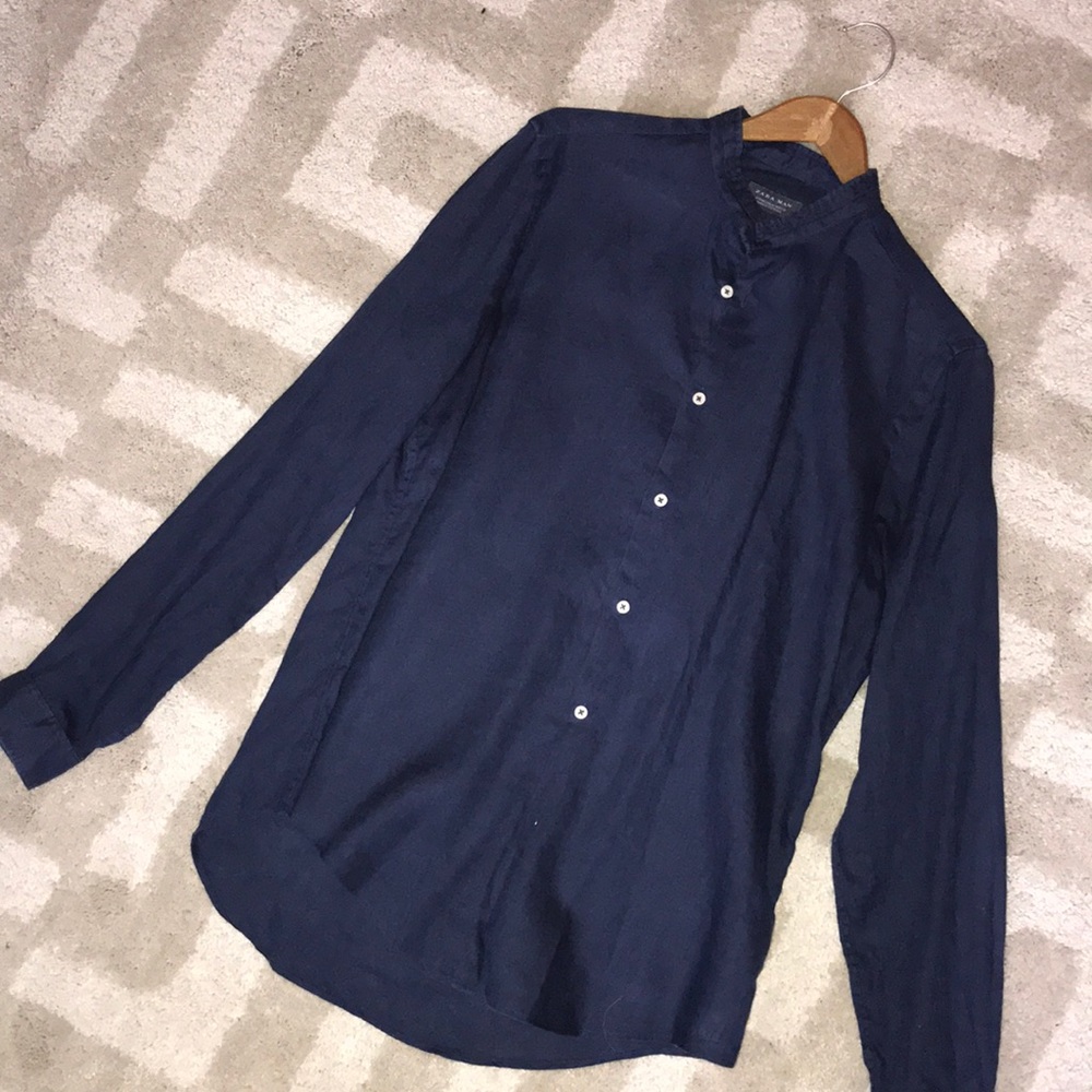 Navy linen collarless button down